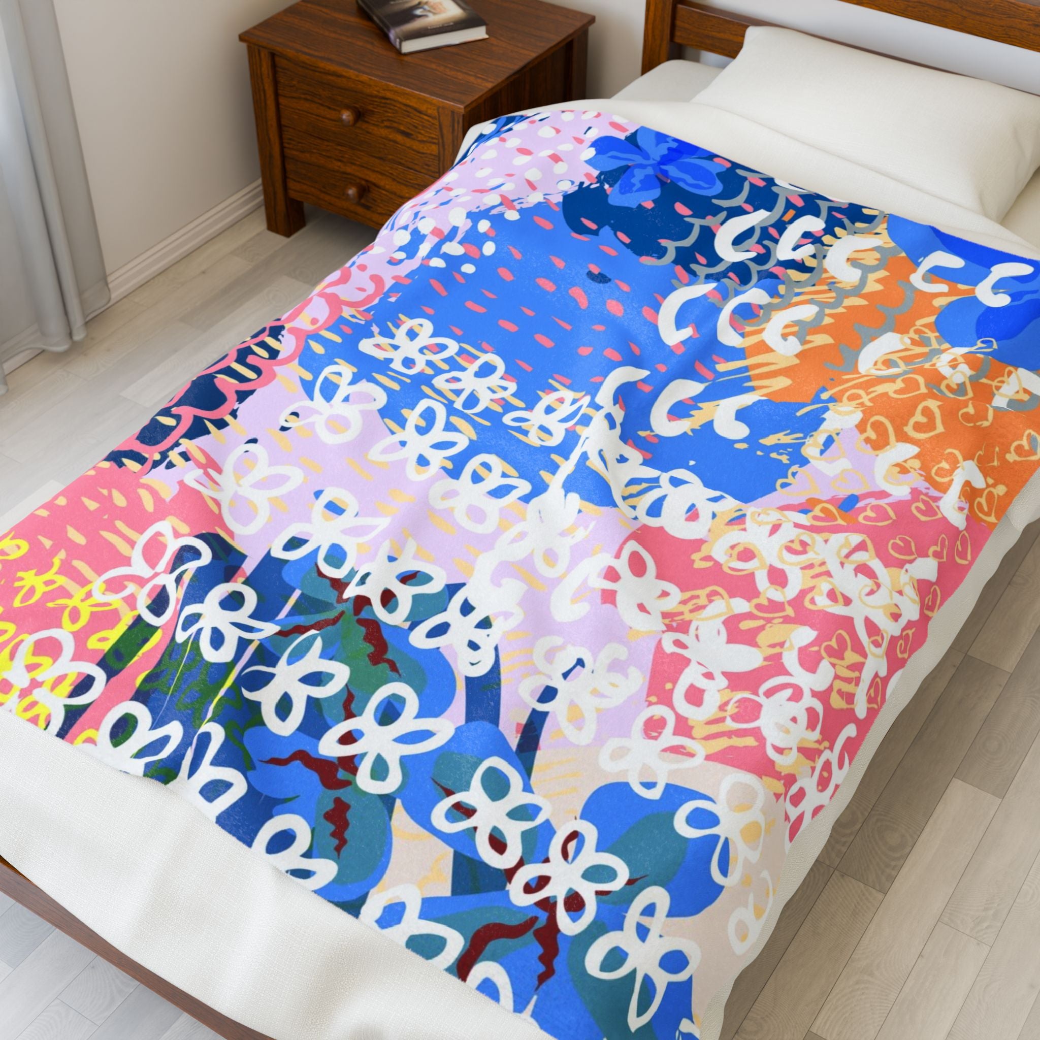 Flowers x Doodles x Hearts Multi-Color Velveteen Plush Blanket, Artsulli - Art is Long, Life is Short, All Over Prints, , , , , , , 