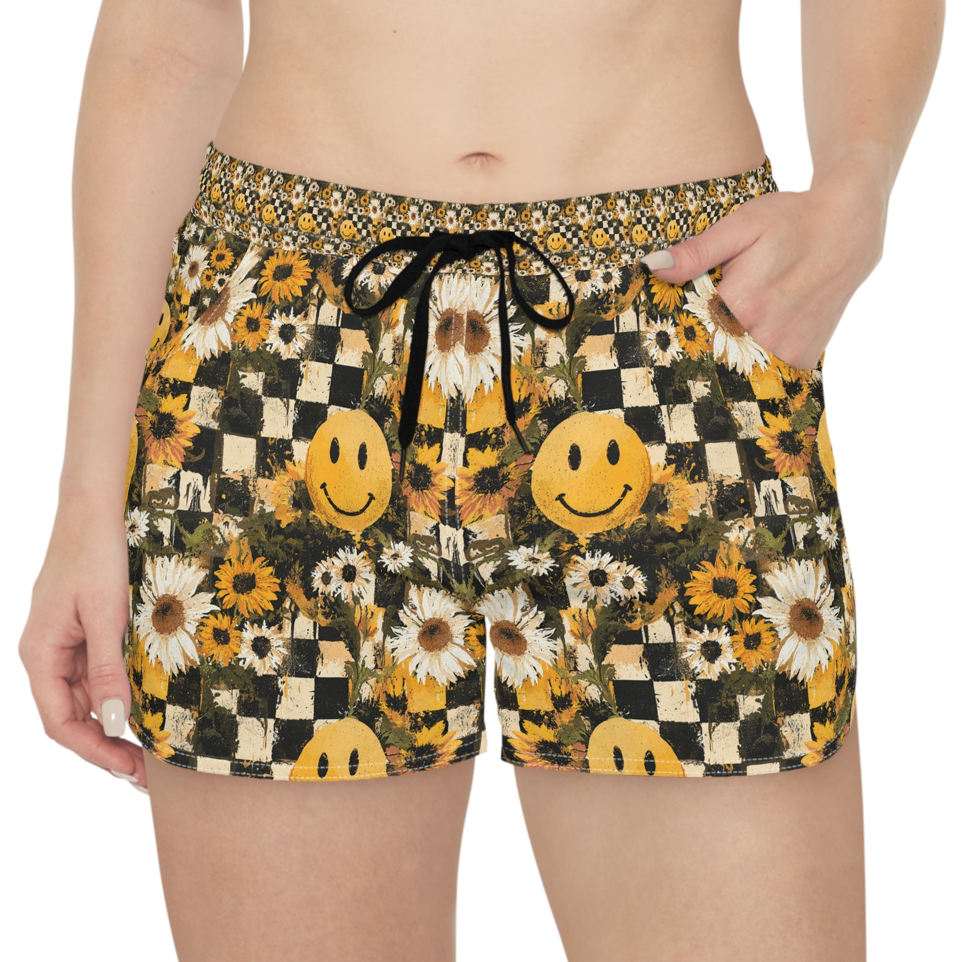 Smiley Face x Checkerboard x Sunflowers x Trippy x Vintage Black and Yellow Women's Casual Shorts (AOP), Artsulli - Art is Long, Life is Short, All Over Prints, , , , , , , 