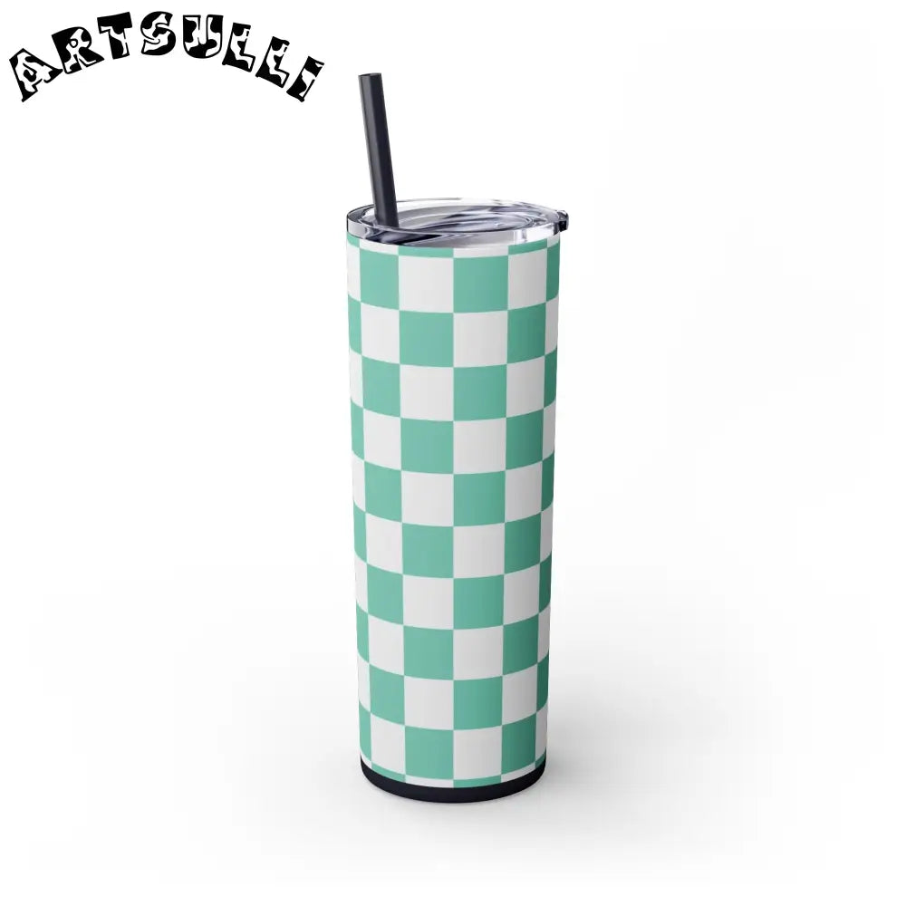 JAKKOUTTHEBXX Checkerboard Light Green Skinny Tumbler with Straw