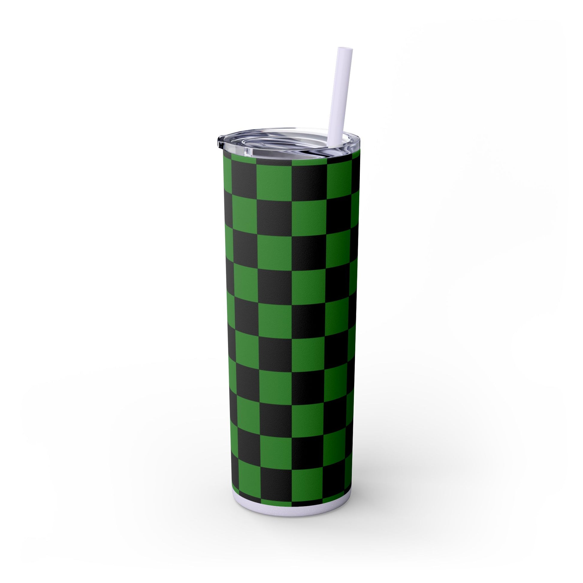 Checkerboard Green and Black Skinny Tumbler with Straw, 20oz, Artsulli - Art is Long, Life is Short, Mug, , , , , , , 