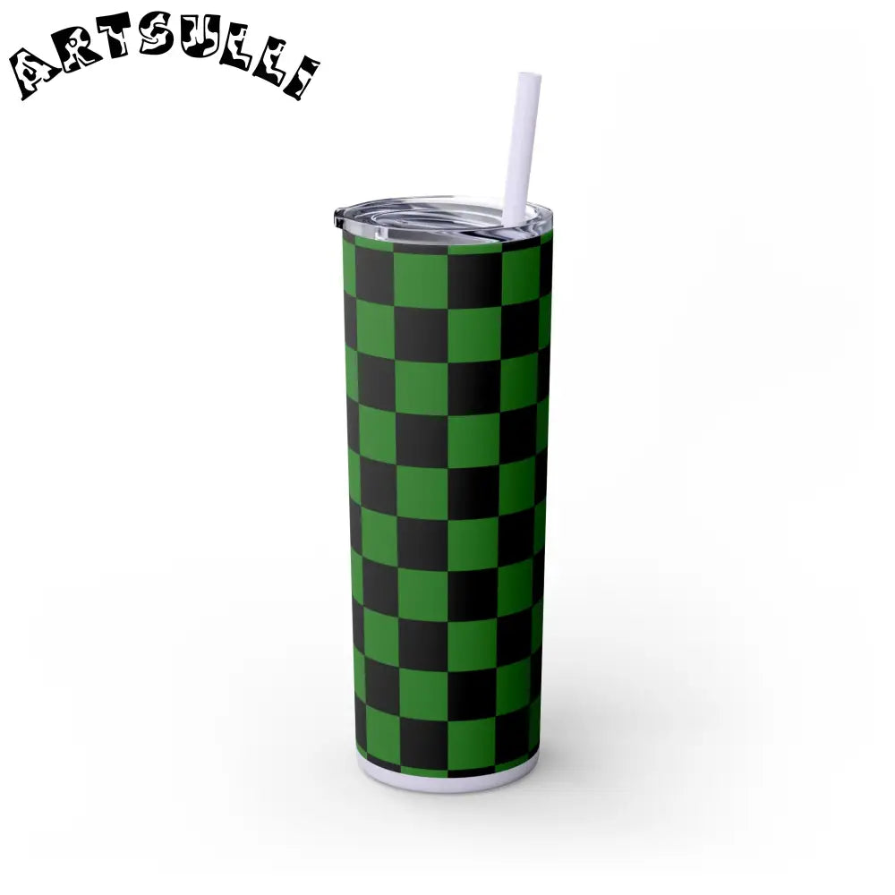 JAKKOUTTHEBXX Checkerboard Green and Black Skinny Tumbler with Straw