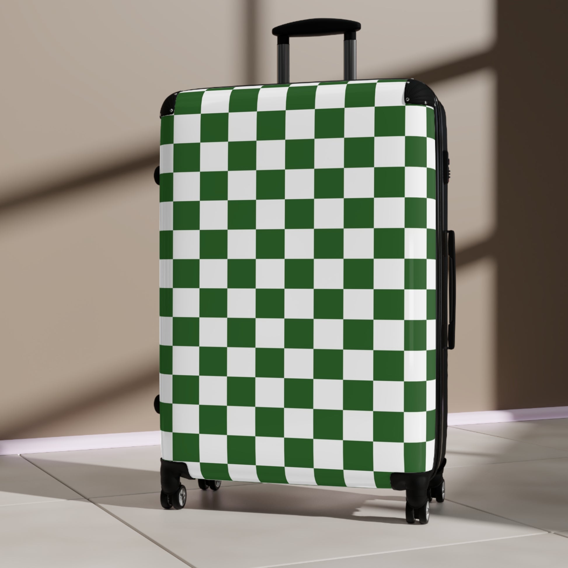 Checkerboard White and Dark Green Suitcase, Artsulli - Art is Long, Life is Short, Bags, , , , , , , 