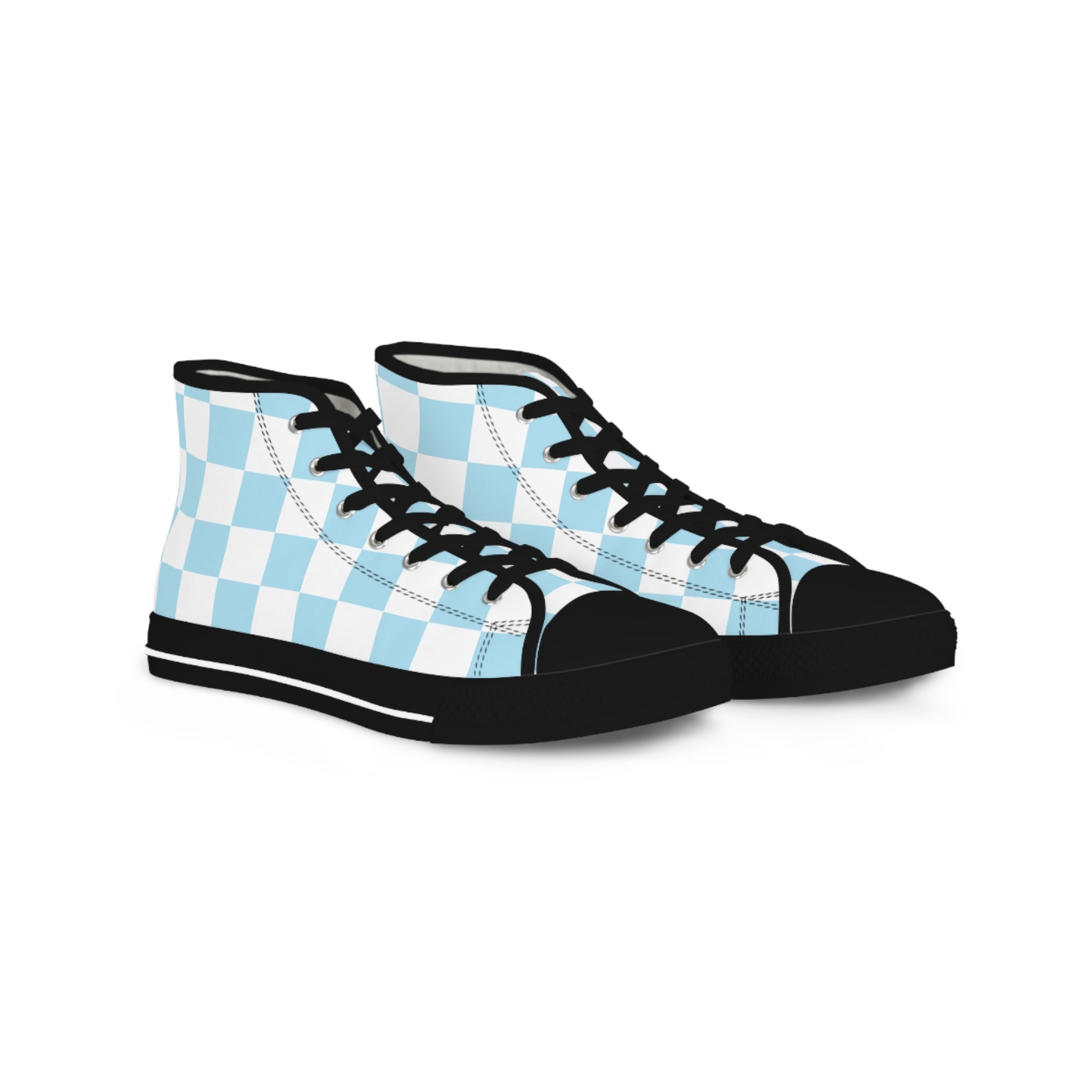 Checkerboard Sky Blue Men's High Top Sneakers, Artsulli - Art is Long, Life is Short, Shoes, Size, US 5, Color, Black sole, , , 58443527791838477378