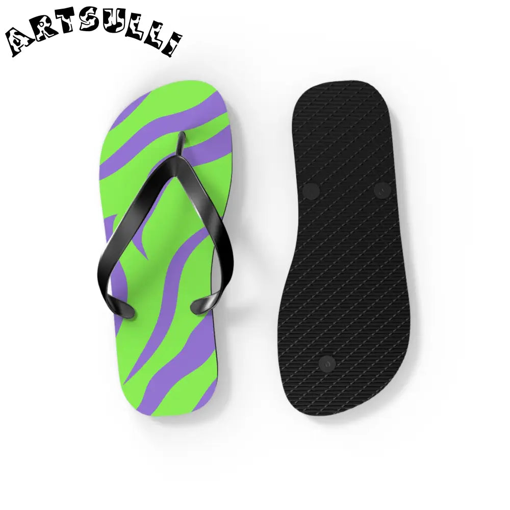 JAKKOUTTHEBXX Tyrannosaurus Print Green and Purple Flip Flops