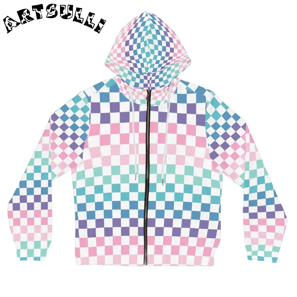 Vaporwave Rainbow  Checkerboard Multi-Color Women’s Full-Zip Hoodie (AOP), Artsulli - Art is Long, Life is Short, All Over Prints, Size, XS, Color, White, , , 20793147655307520848