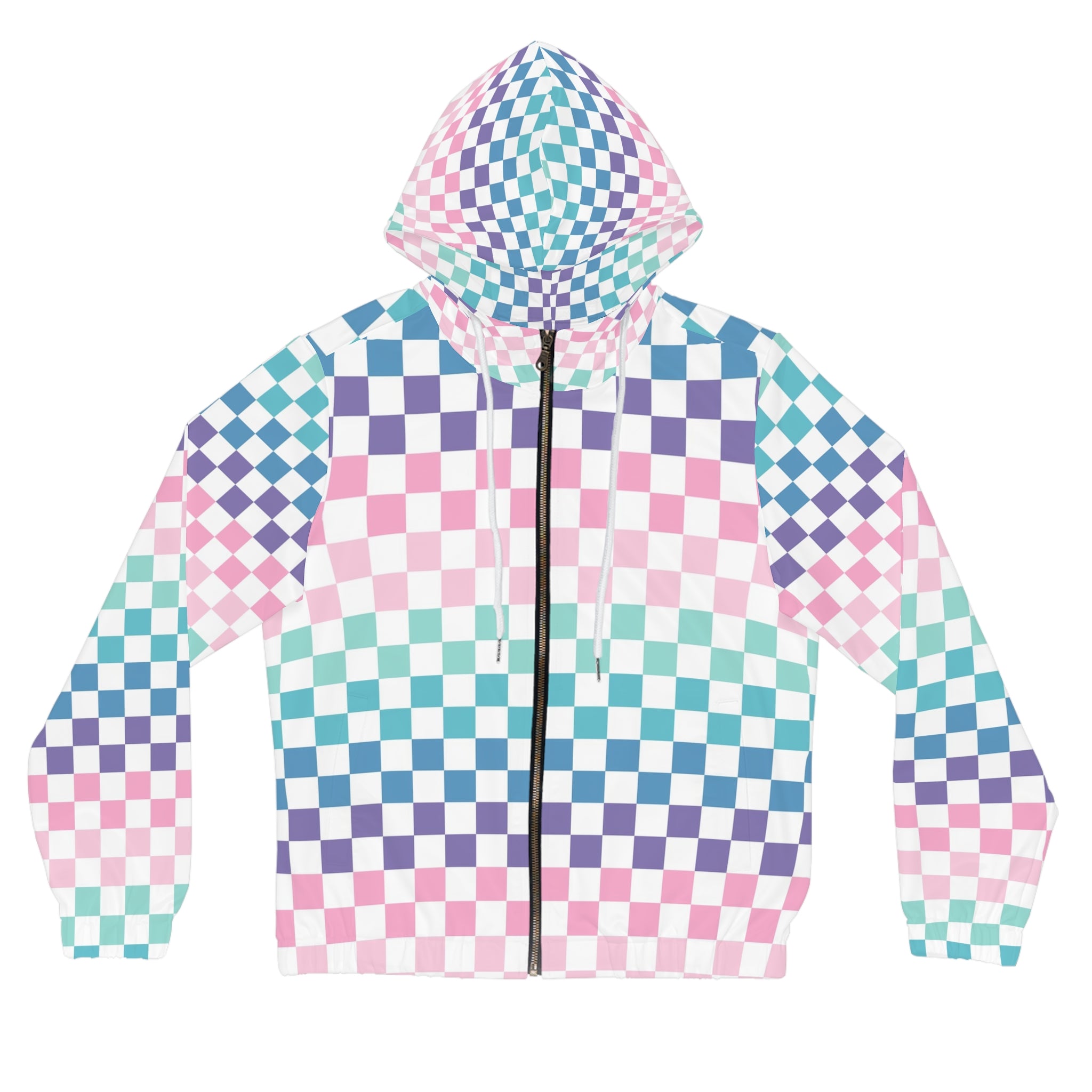 Vaporwave Rainbow  Checkerboard Multi-Color Women’s Full-Zip Hoodie (AOP), Artsulli - Art is Long, Life is Short, All Over Prints, Size, XS, Color, White, , , 10760026738554812833