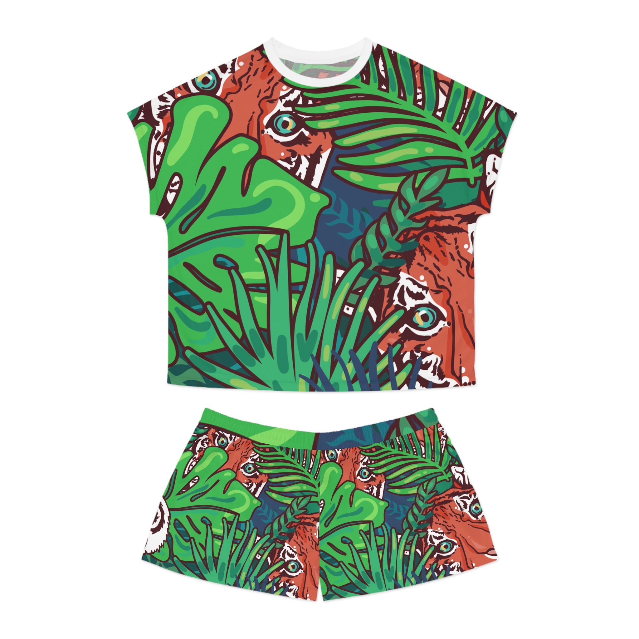 Tropical Jungle Tigers Blue and Green Women's Short Pajama Set (AOP), Artsulli - Art is Long, Life is Short, All Over Prints, Size, S, Color, White, , , 14359312619891