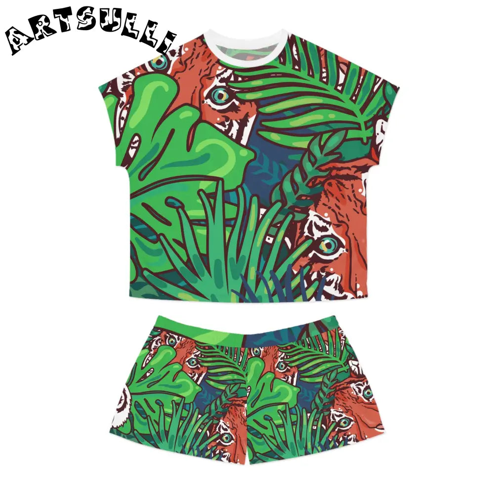 JAKKOUTTHEBXX Tropical Jungle Tigers Blue and Green Women’s Short