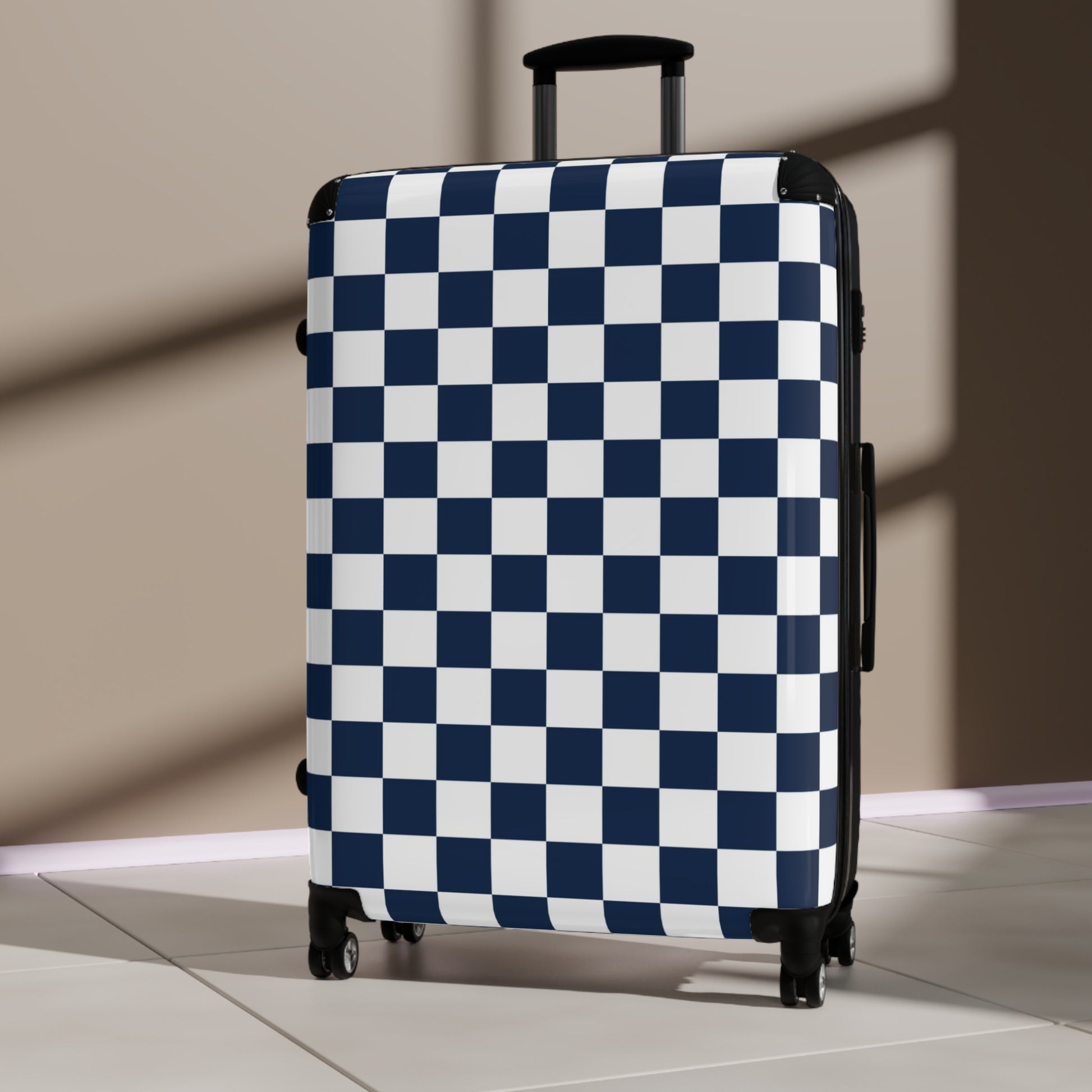 Checkerboard White and Navy Blue Suitcase, Artsulli - Art is Long, Life is Short, Bags, , , , , , , 