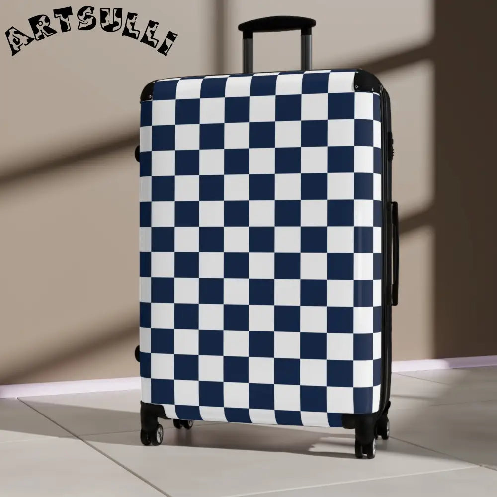 JAKKOUTTHEBXX Checkerboard White and Navy Blue Suitcase
