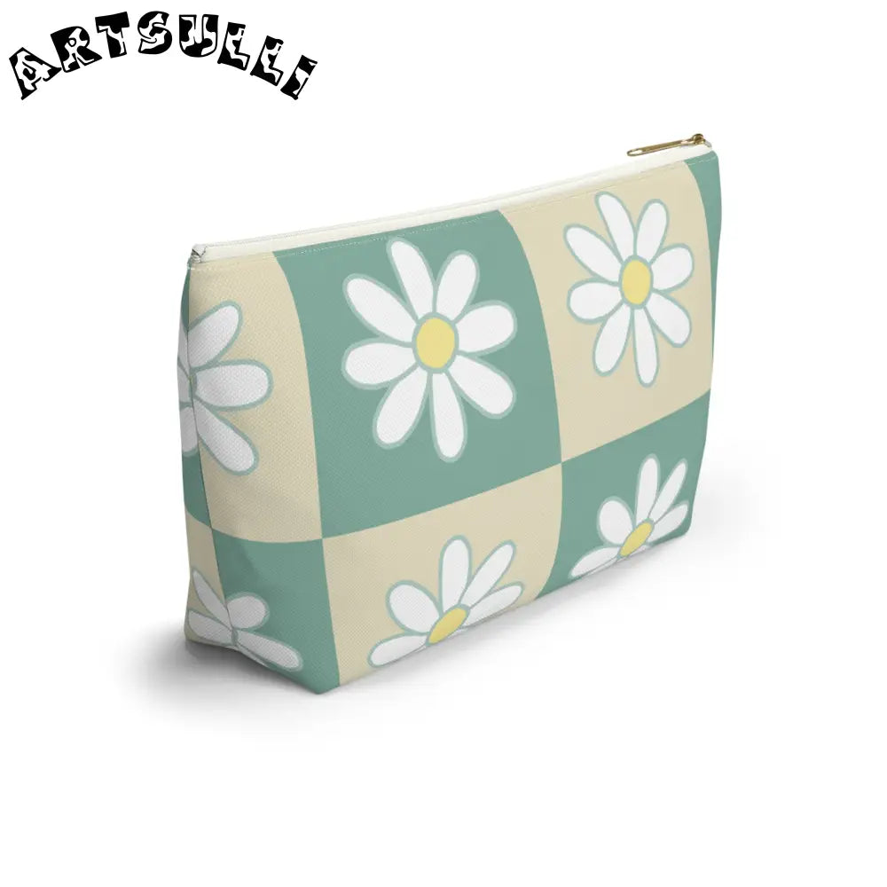 JAKKOUTTHEBXX Retro Daisy Checkerboard Green and Tan Accessory Pouch