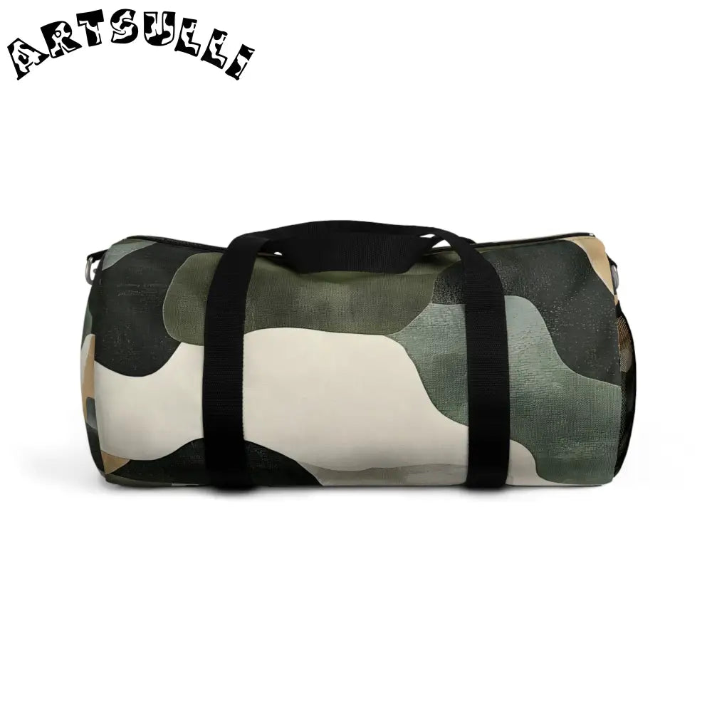 JAKKOUTTHEBXX Camouflage Patterned Duffel Bag with Black Straps