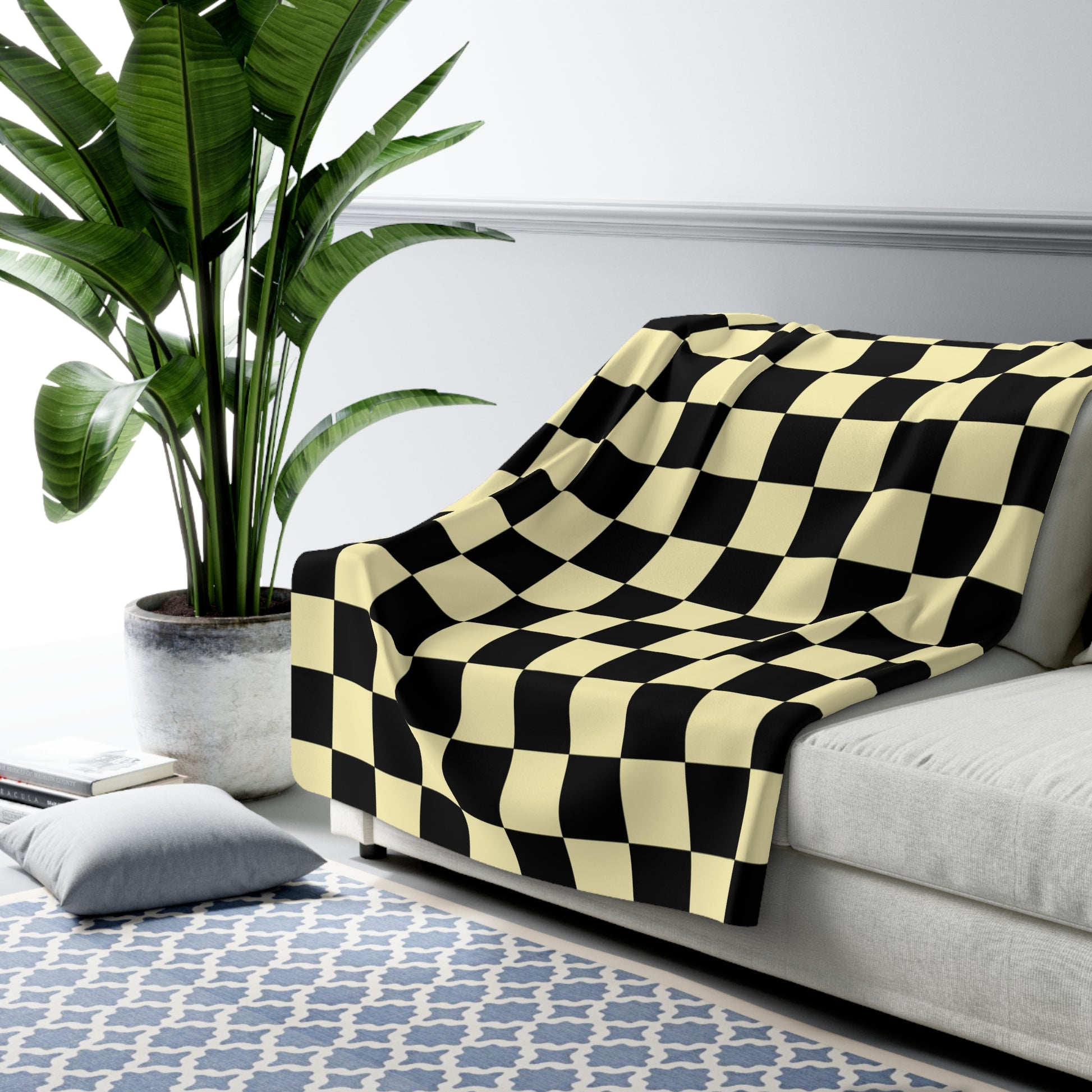 Checkerboard Black and Yellow Sherpa Fleece Blanket, Artsulli - Art is Long, Life is Short, Home Decor, , , , , , , 