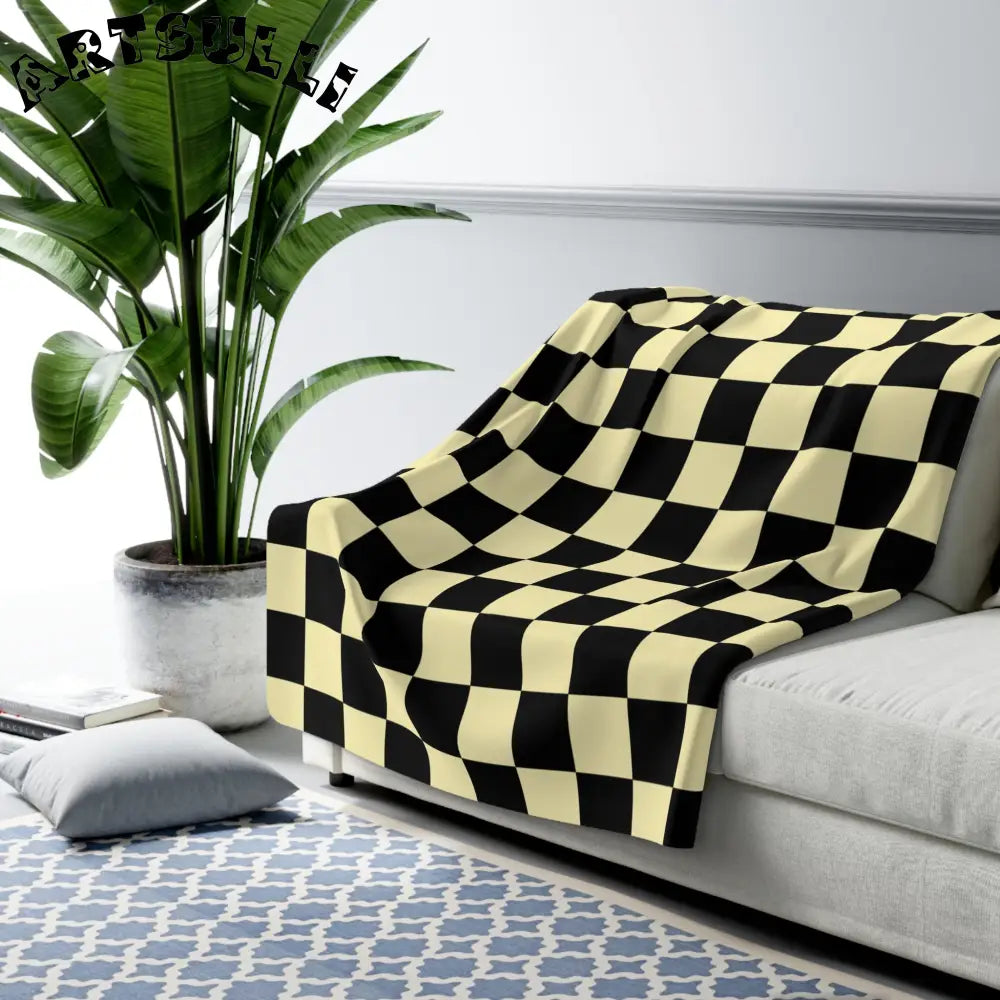 JAKKOUTTHEBXX Checkerboard Black and Yellow Sherpa Fleece Blanket