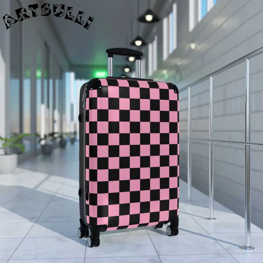 JAKKOUTTHEBXX Checkerboard Black and Pink Suitcase JAKKOUTTHEBXX