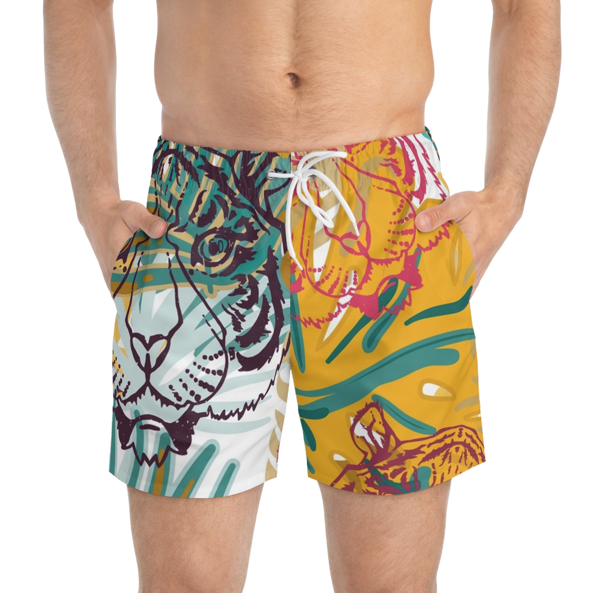 Tropical Jungle Tigers Brown and Green Swim Trunks (AOP), Artsulli - Art is Long, Life is Short, All Over Prints, , , , , , , 