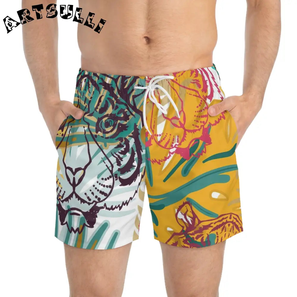 JAKKOUTTHEBXX Tropical Jungle Tigers Brown and Green Swim Trunks