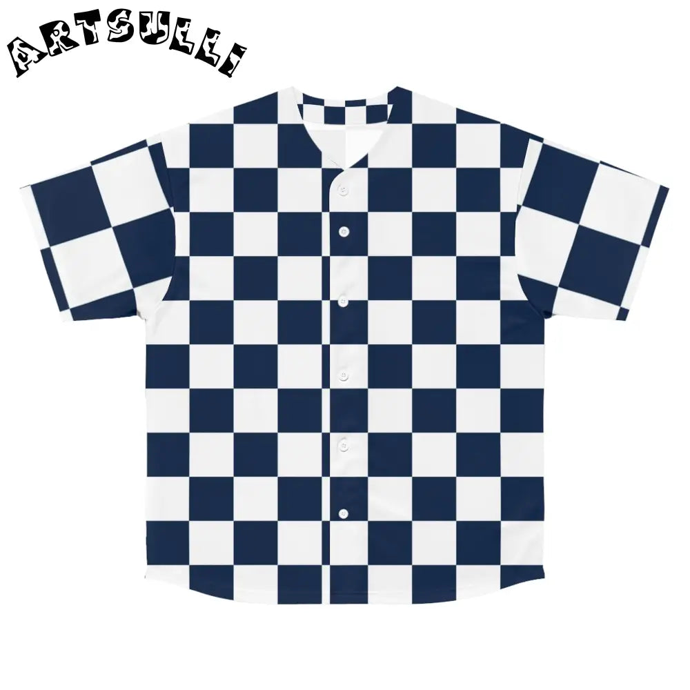 JAKKOUTTHEBXX Checkerboard White and Navy Blue Men’s Baseball Jersey