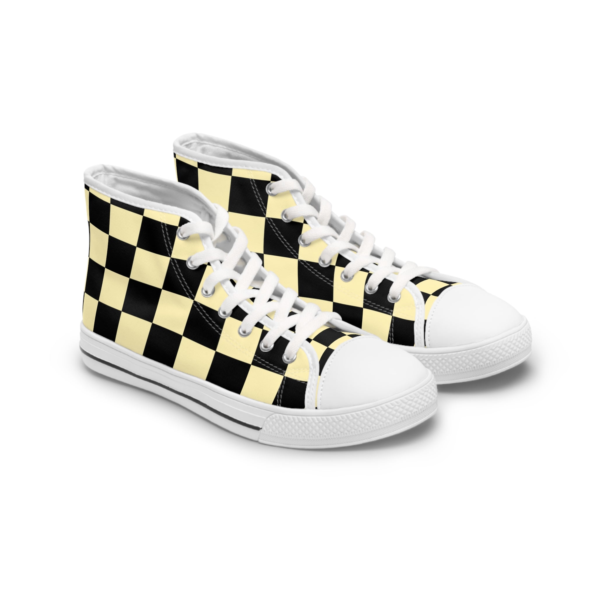 Checkerboard Black and Yellow Women's High Top Sneakers, Artsulli - Art is Long, Life is Short, Shoes, Size, US 5.5, Color, White sole, , , 66755530512852054695