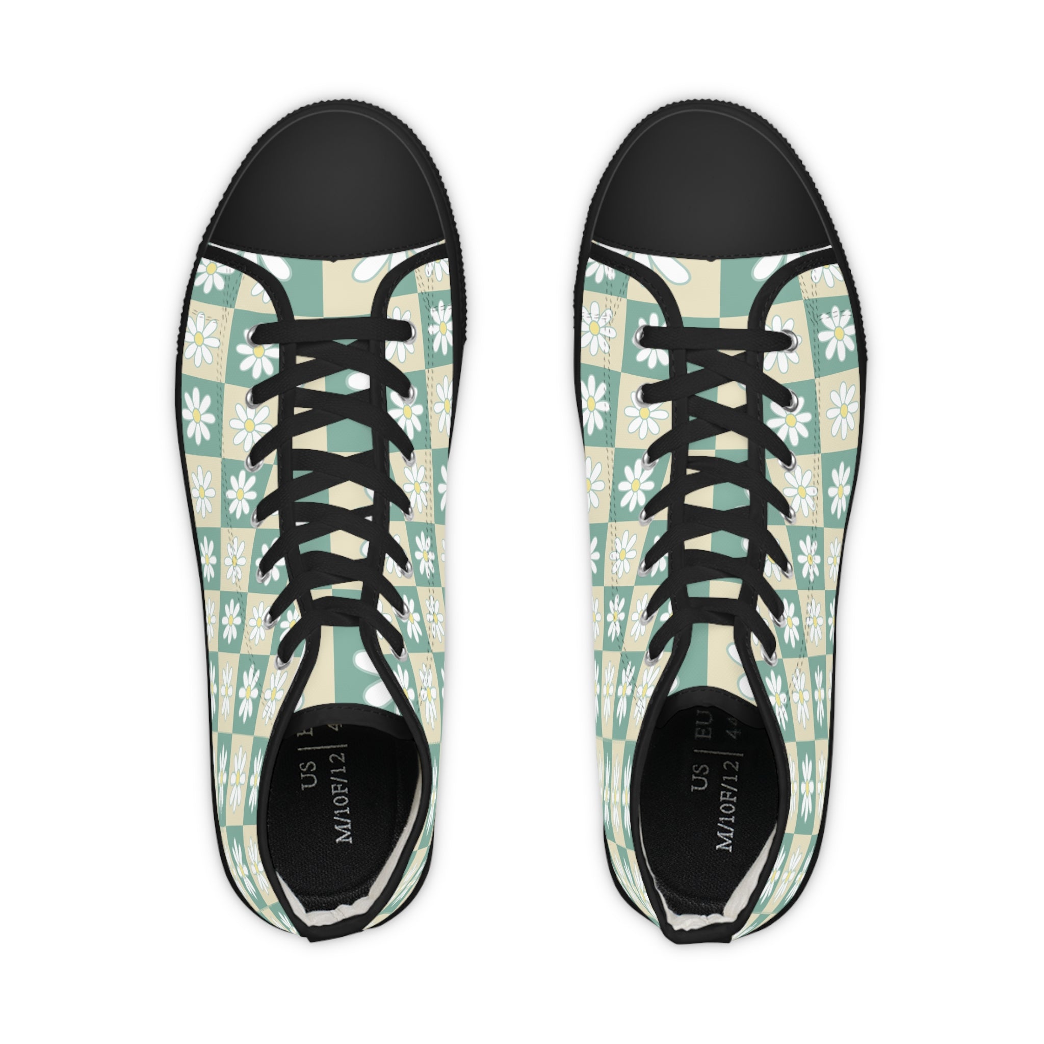 Retro Daisy Checkerboard Green and Tan Men's High Top Sneakers, Artsulli - Art is Long, Life is Short, Shoes, , , , , , , 