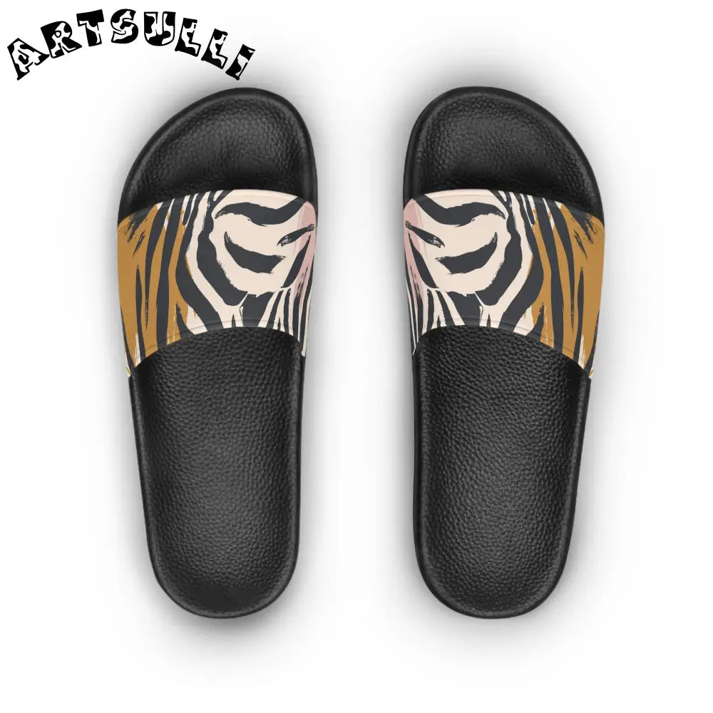 JAKKOUTTHEBXX Zebra Print Slide Sandals with Pink Accent