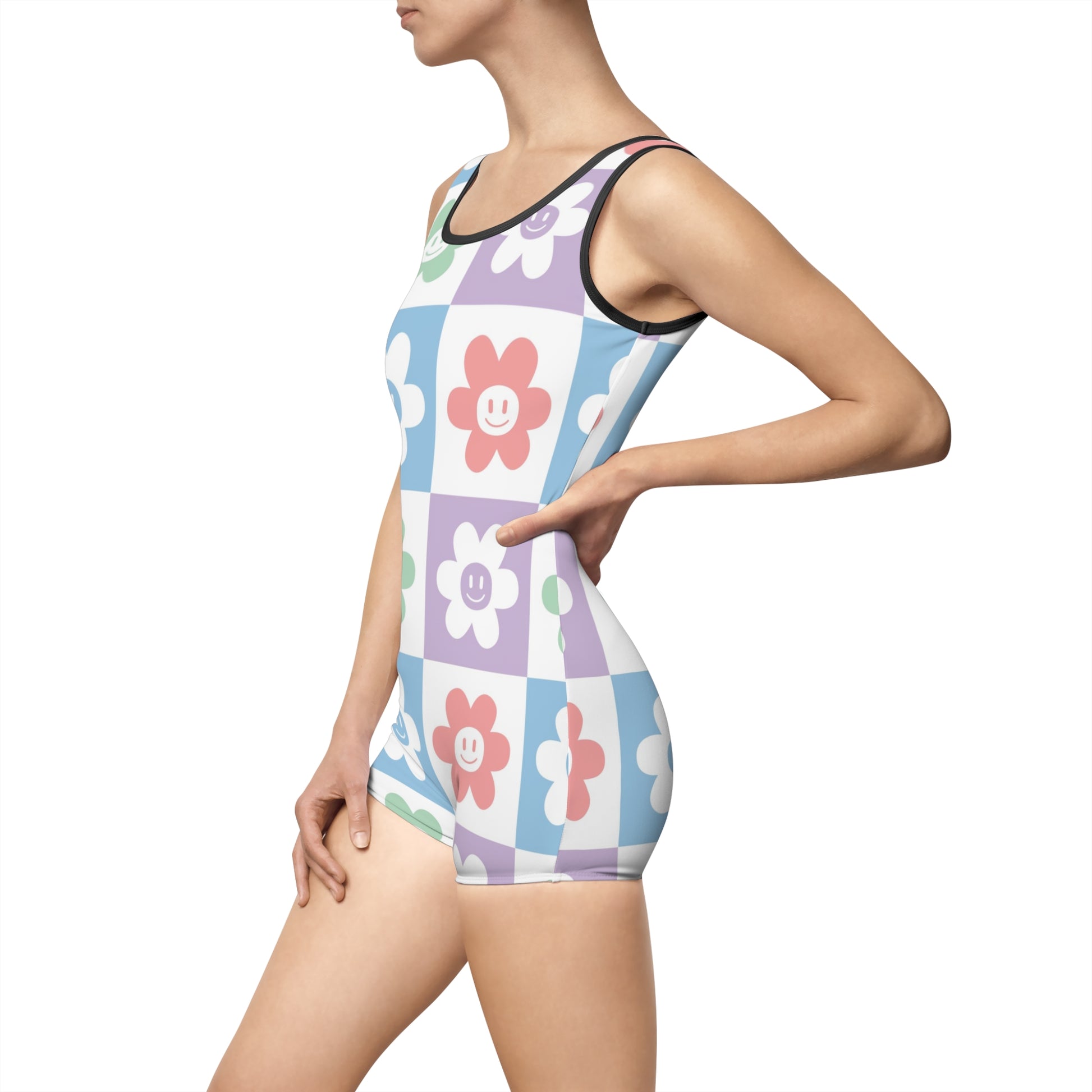Chessboard x Smiley Face Flowers Multi-Color Women's Vintage Swimsuit (AOP), Artsulli - Art is Long, Life is Short, All Over Prints, , , , , , , 