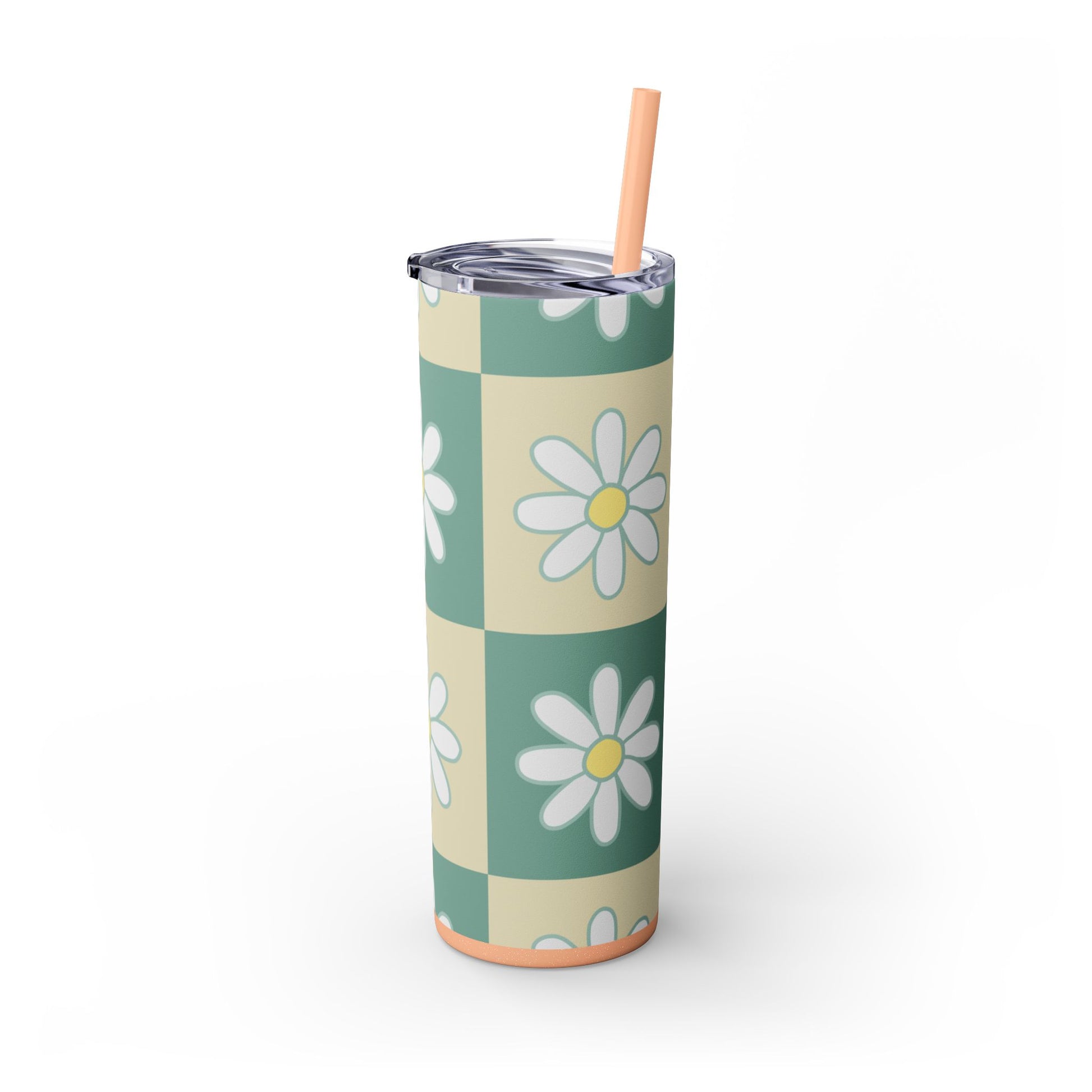 Retro Daisy Checkerboard Green and Tan Skinny Tumbler with Straw, 20oz, Artsulli - Art is Long, Life is Short, Mug, , , , , , , 