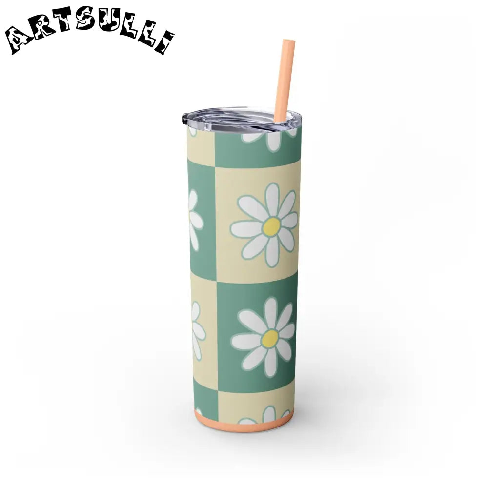 JAKKOUTTHEBXX Retro Daisy Checkerboard Green and Tan Skinny Tumbler