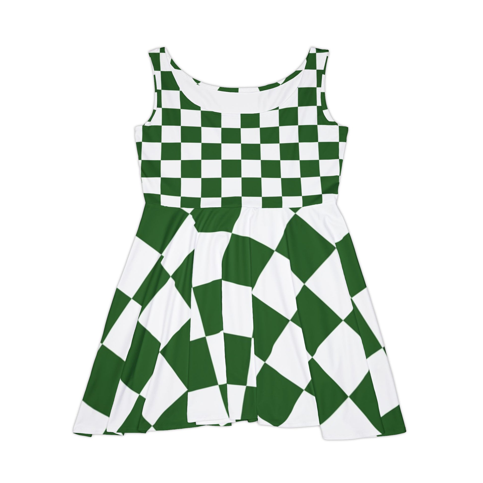 Checkerboard White and Dark Green Women's Skater Dress (AOP), Artsulli - Art is Long, Life is Short, All Over Prints, Size, XS, , , , , 27047912610907619373