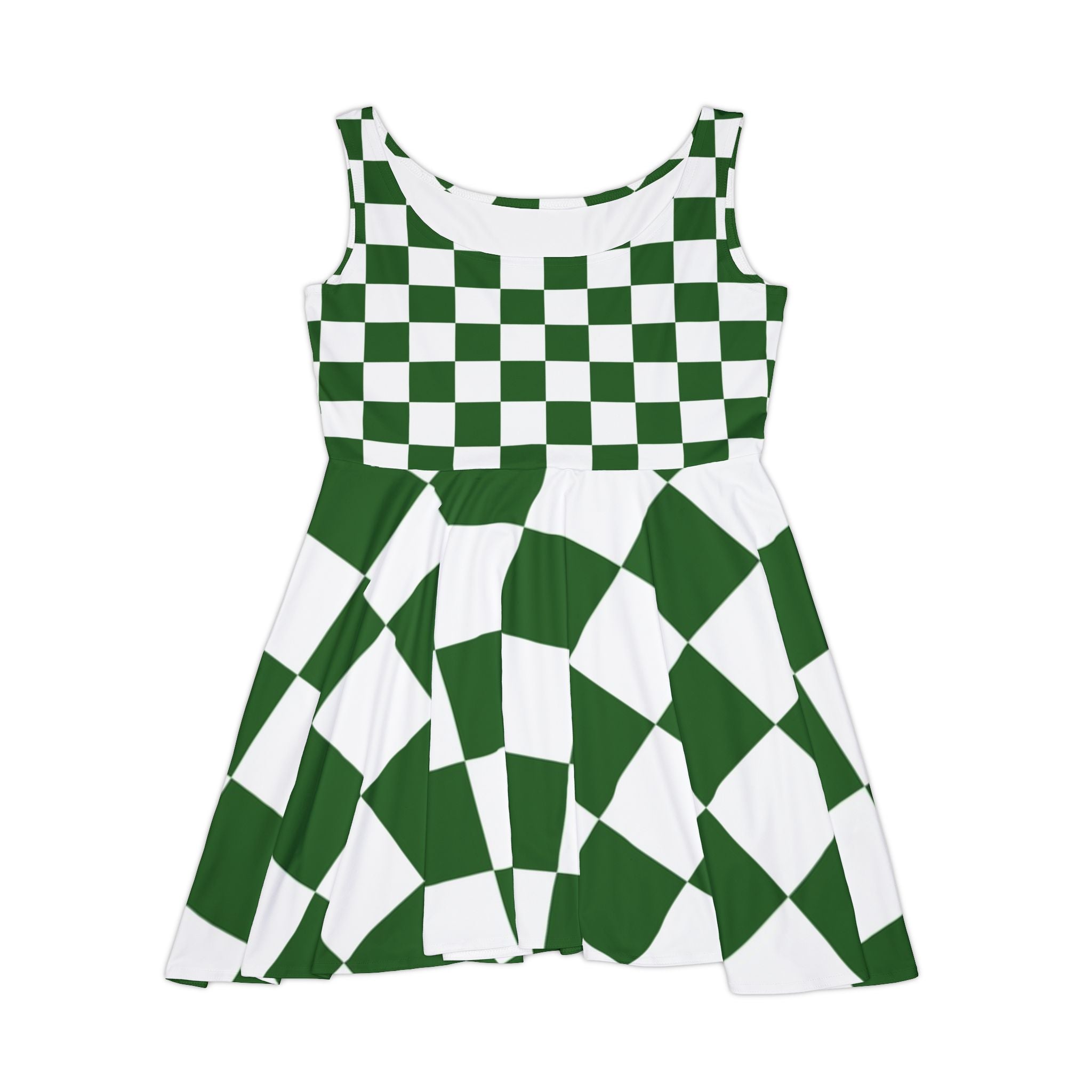 Checkerboard White and Dark Green Women's Skater Dress (AOP), Artsulli - Art is Long, Life is Short, All Over Prints, Size, XS, , , , , 27047912610907619373