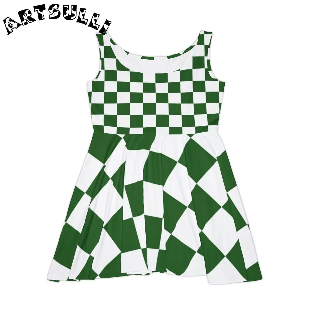 JAKKOUTTHEBXX Checkerboard White and Dark Green Women’s Skater Dress