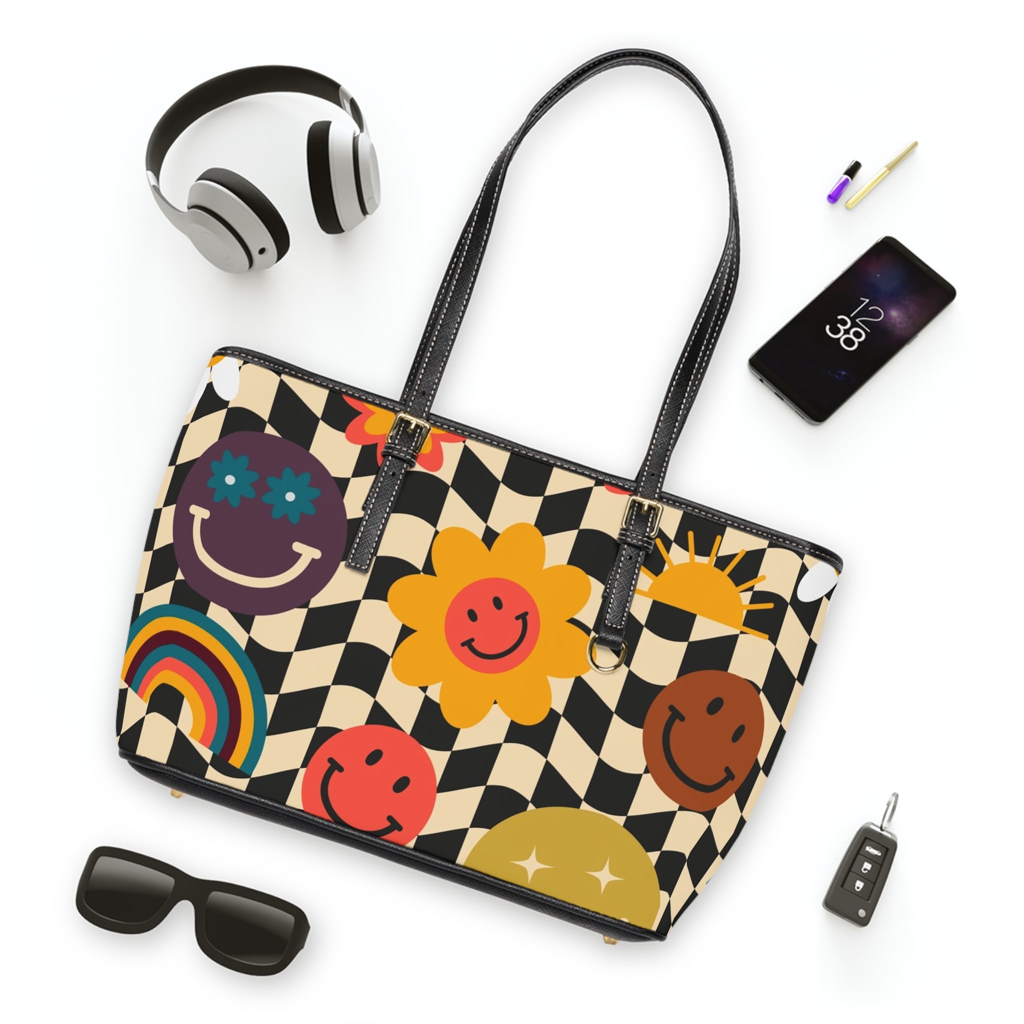 Trippy x Wavy Checkerboard x Smiley Face x Rainbow x Flowers Multi-Color PU Leather Shoulder Bag, Artsulli - Art is Long, Life is Short, Bags, , , , , , , 