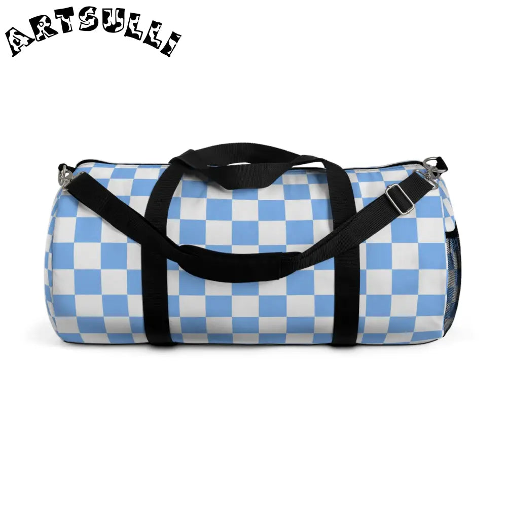 JAKKOUTTHEBXX Checkerboard II White and Light Blue Duffel Bag