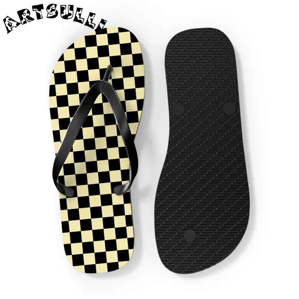 JAKKOUTTHEBXX Checkerboard Black and Yellow Flip Flops JAKKOUTTHEBXX