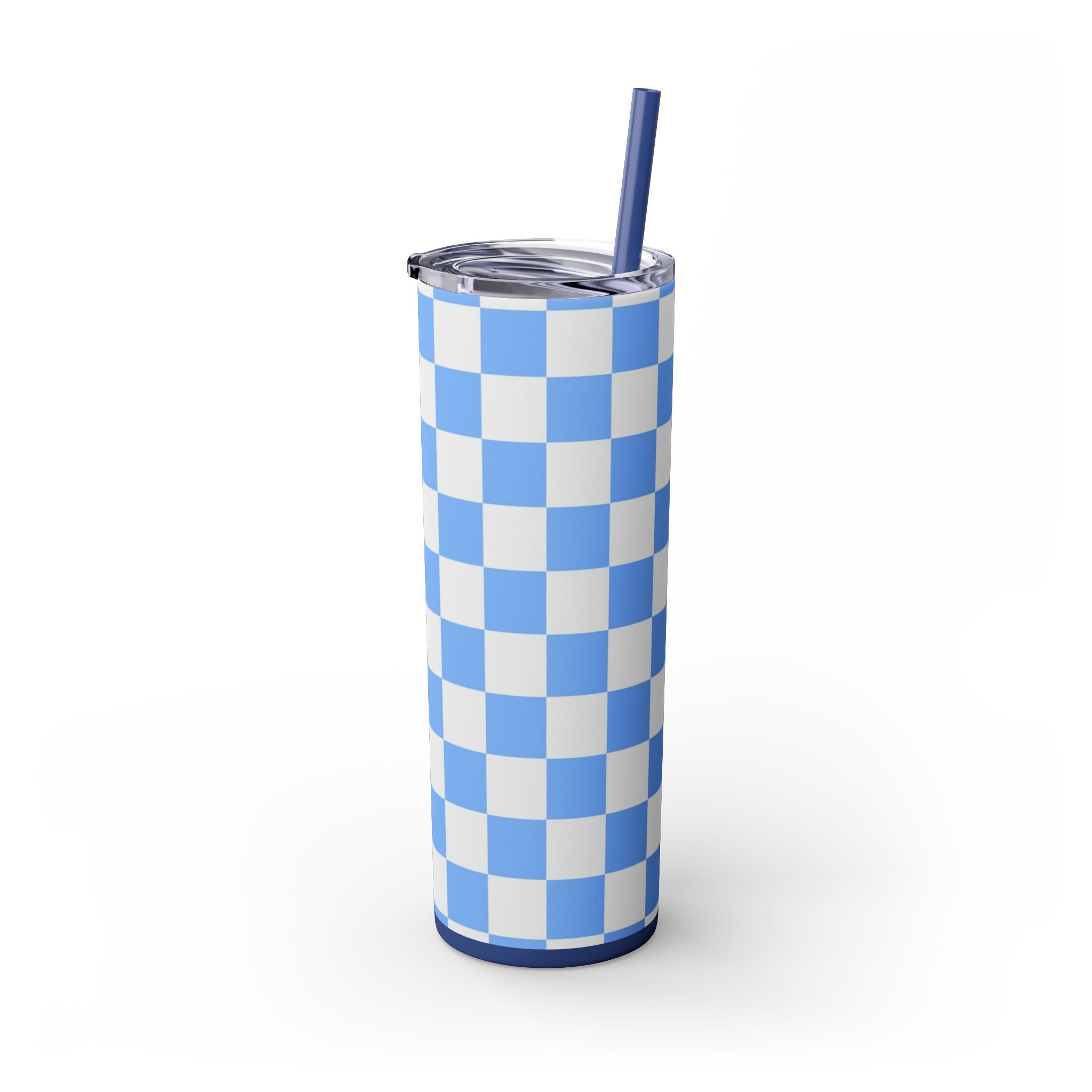 Checkerboard White and Light Blue Skinny Tumbler with Straw, 20oz, Artsulli - Art is Long, Life is Short, Mug, , , , , , , 
