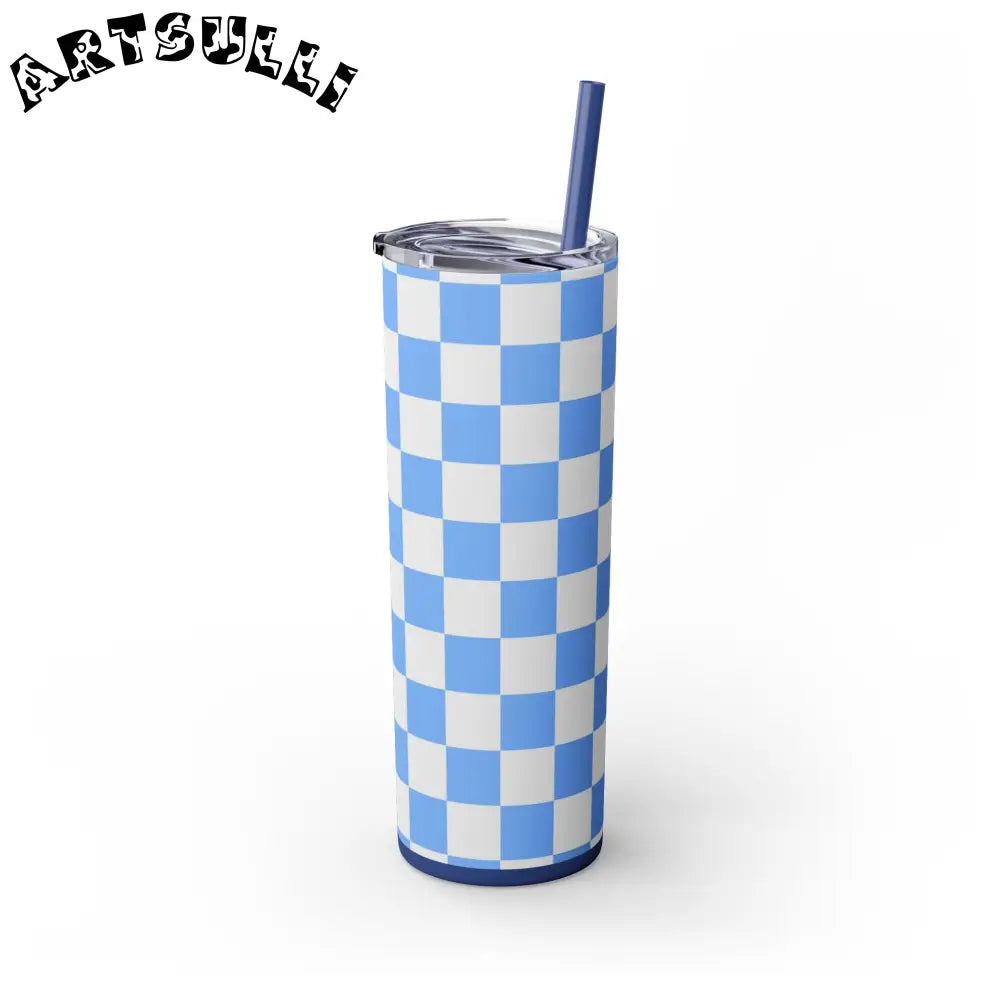 JAKKOUTTHEBXX Checkerboard White and Light Blue Skinny Tumbler