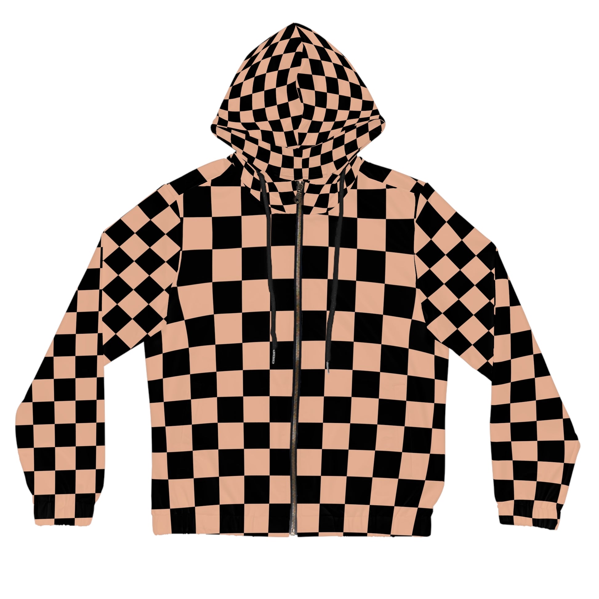 Checkerboard Soft Orange and Black Women’s Full-Zip Hoodie (AOP), Artsulli - Art is Long, Life is Short, All Over Prints, Size, XS, Color, Black, , , 98586384365808002576