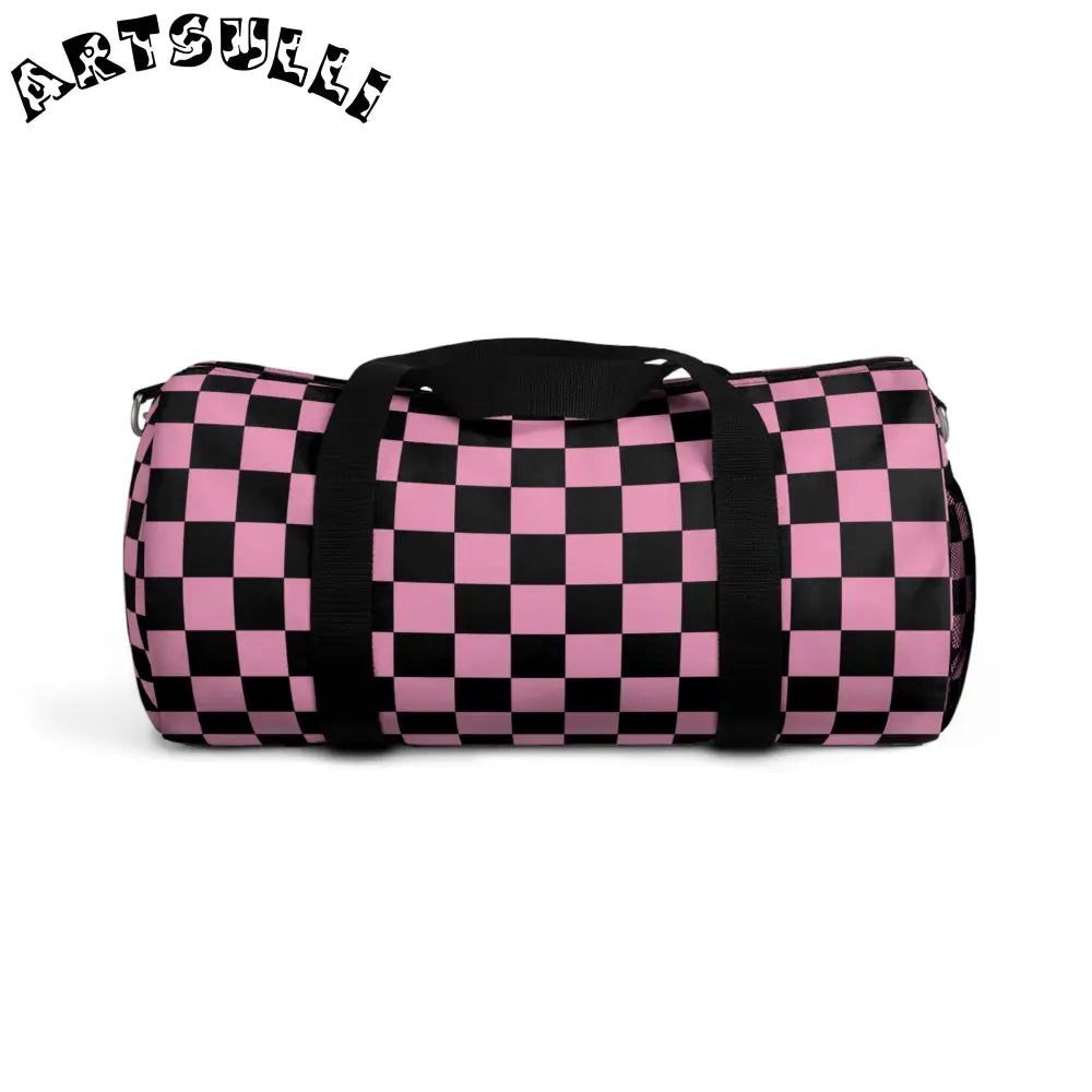 JAKKOUTTHEBXX Checkerboard II Black and Pink Duffel Bag