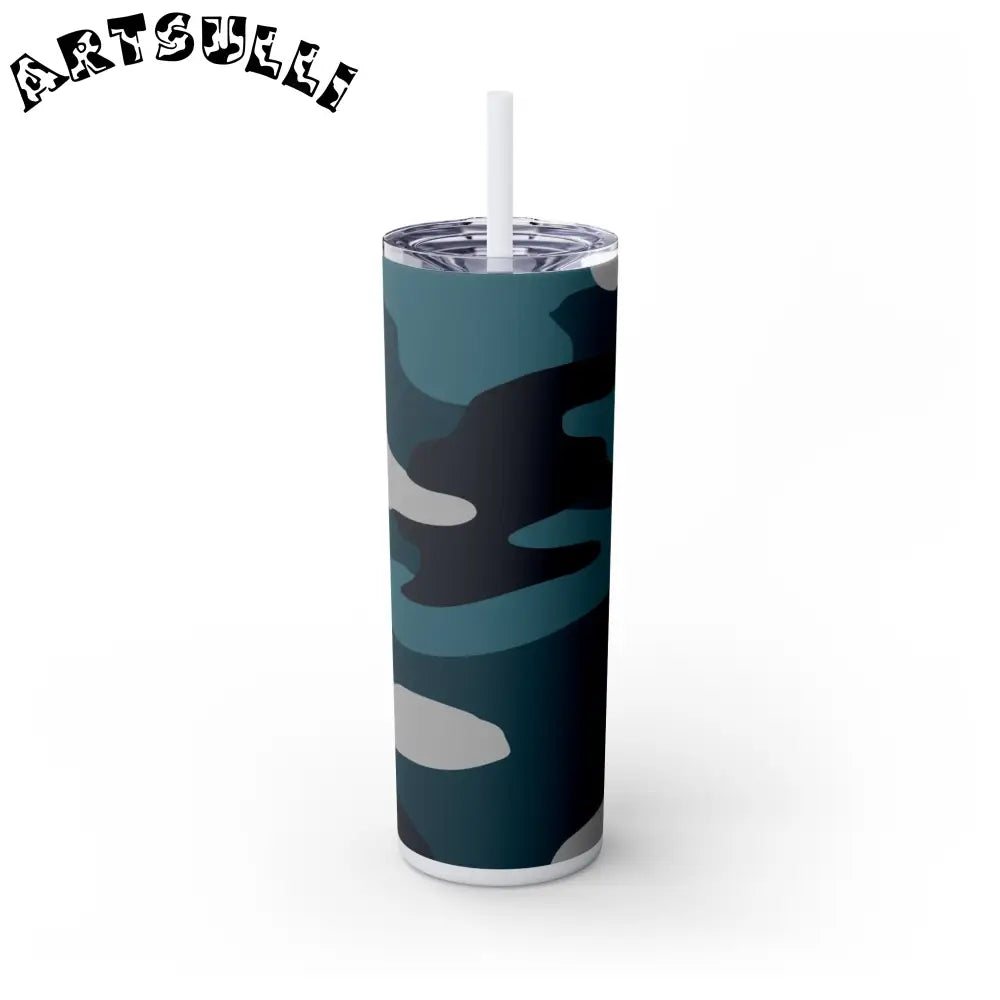 JAKKOUTTHEBXX Blue Camouflage Skinny Tumbler with Straw 20oz
