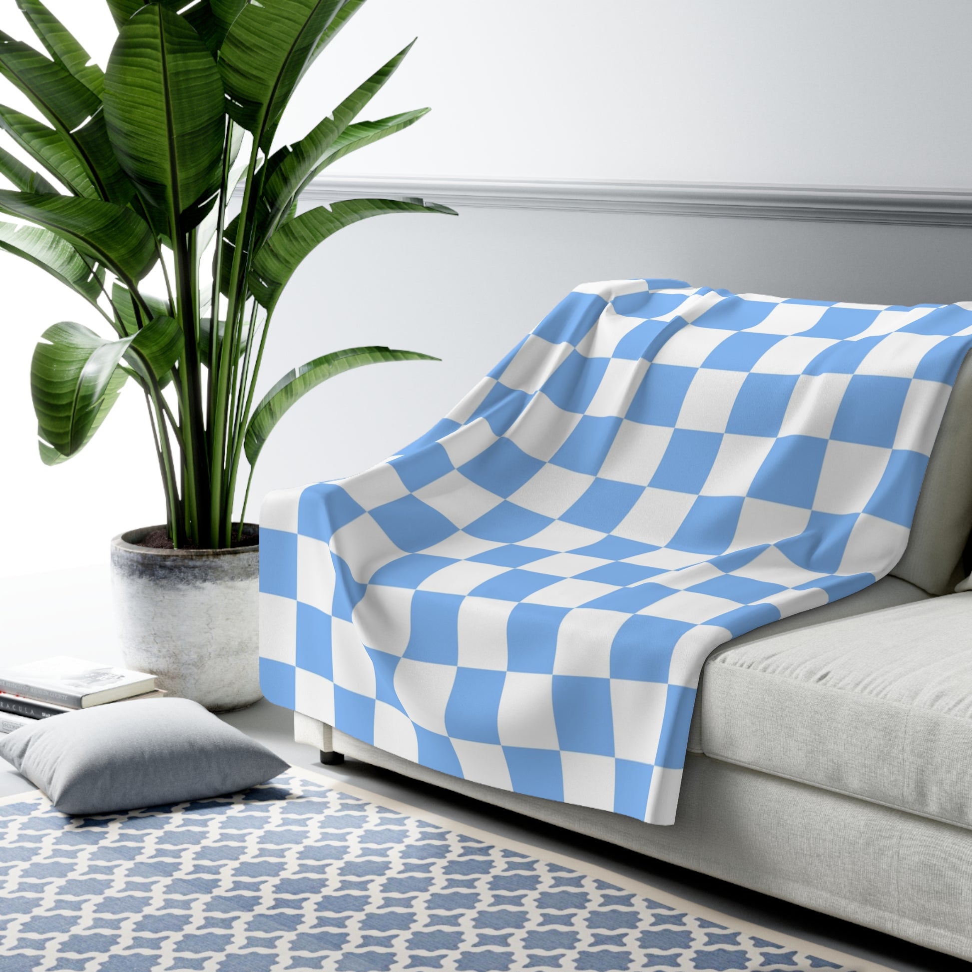 Checkerboard White and Light Blue Sherpa Fleece Blanket, Artsulli - Art is Long, Life is Short, Home Decor, , , , , , , 