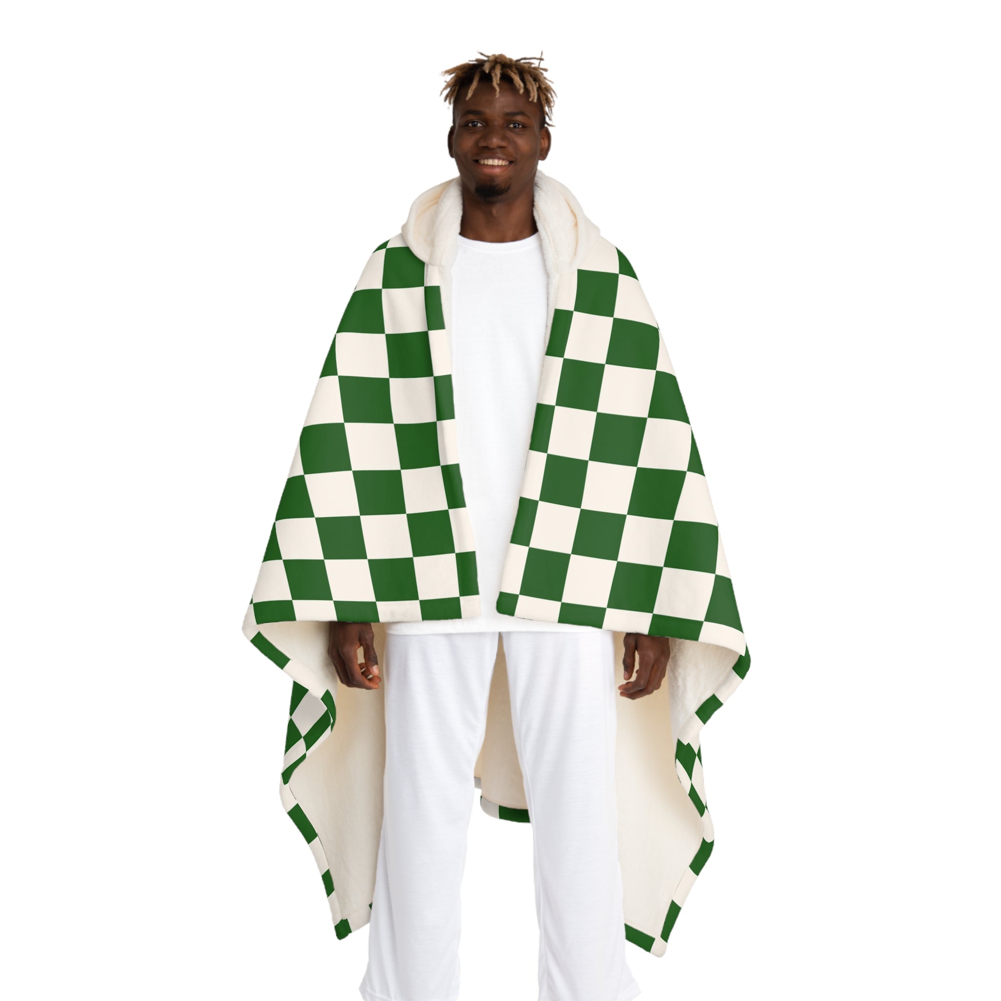 Checkerboard White and Dark Green Hooded Sherpa Fleece Blanket, Artsulli - Art is Long, Life is Short, All Over Prints, Size, One size, Color, Cream, , , 18577734926220473501