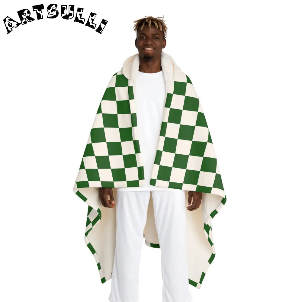 JAKKOUTTHEBXX Checkerboard White and Dark Green Hooded Sherpa Fleece