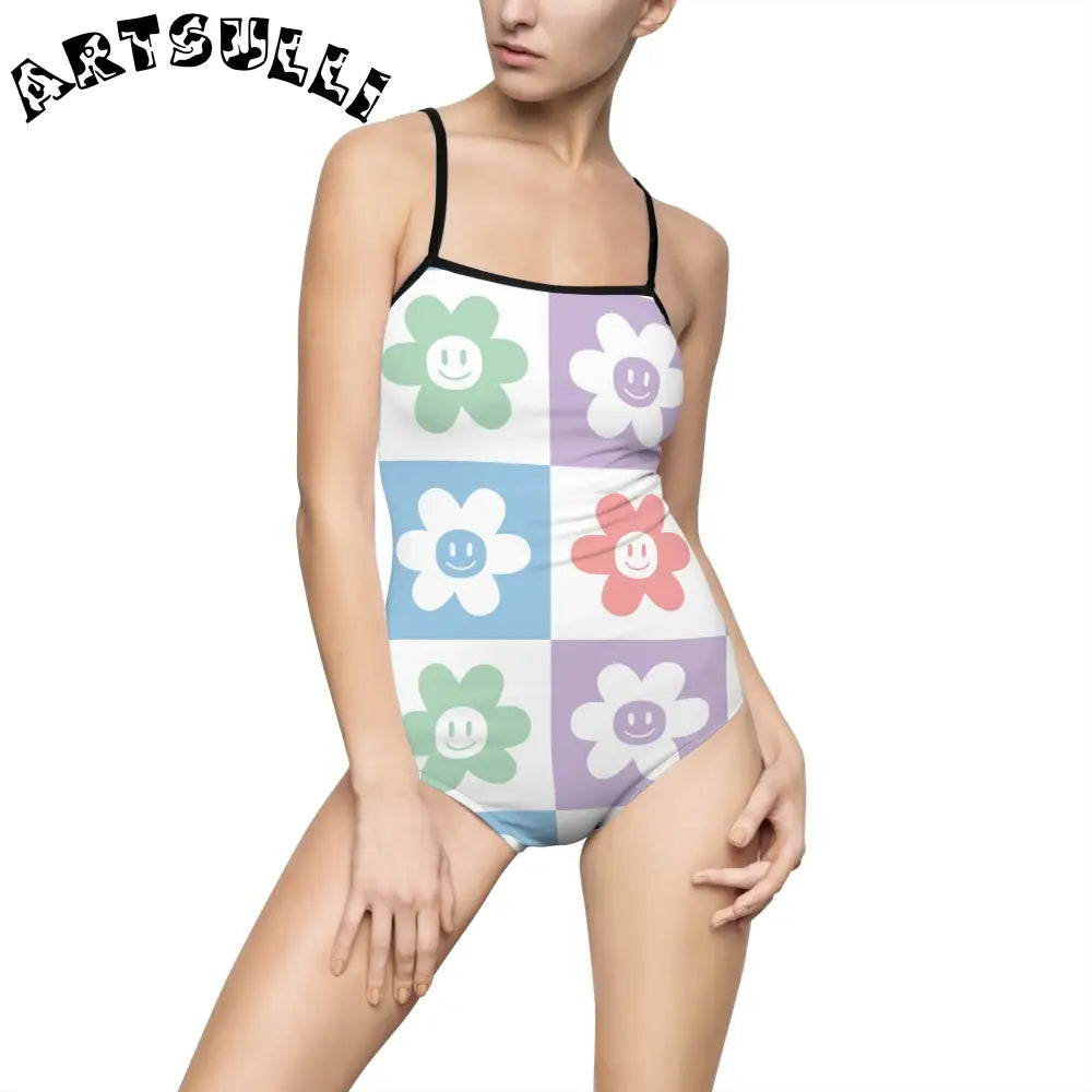 JAKKOUTTHEBXX Smiling Flower Checkerboard One-Piece Swimsuit 2025