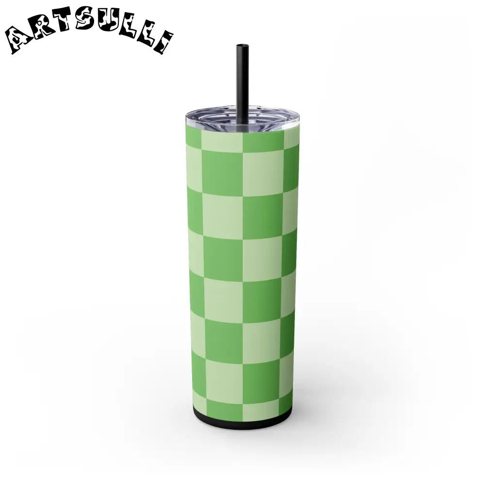 JAKKOUTTHEBXX Checkerboard Green Skinny Tumbler with Straw 20oz