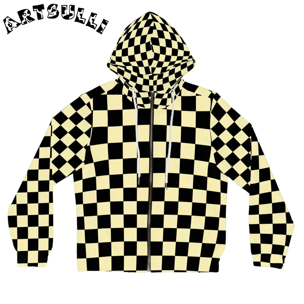 JAKKOUTTHEBXX Checkerboard Black and Yellow Women’s Full-Zip Hoodie