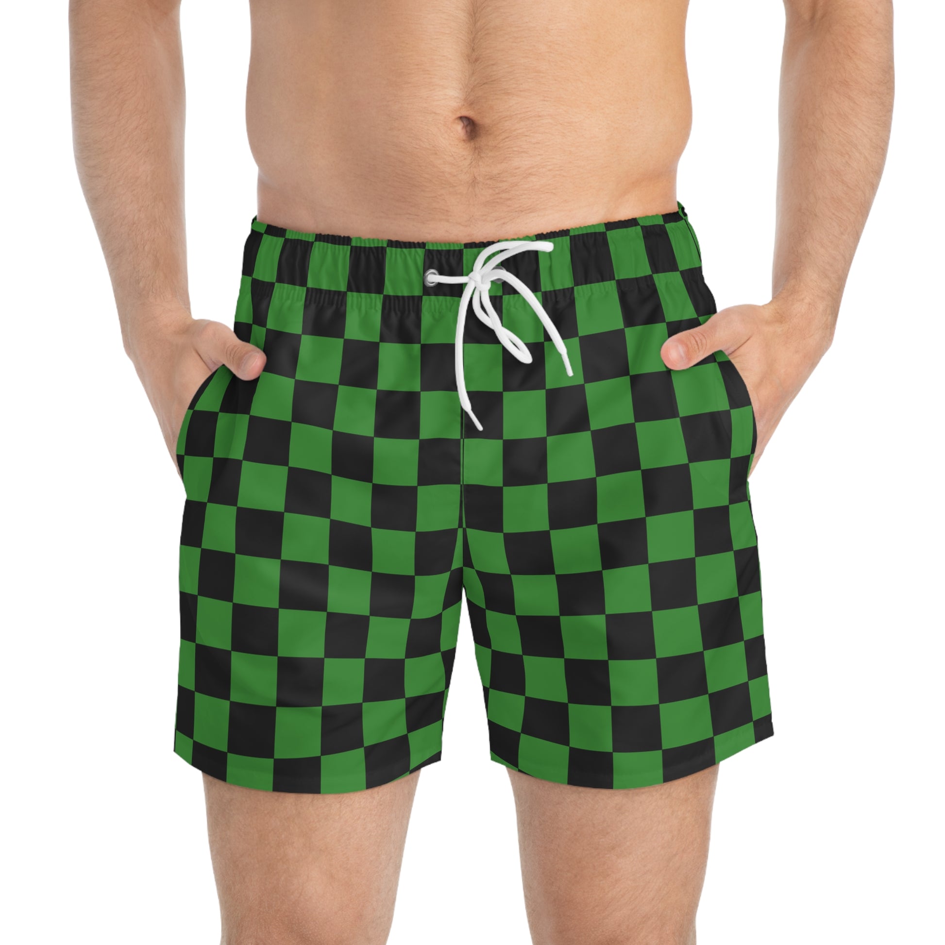 Checkerboard Green and Black Swim Trunks (AOP), Artsulli - Art is Long, Life is Short, All Over Prints, , , , , , , 