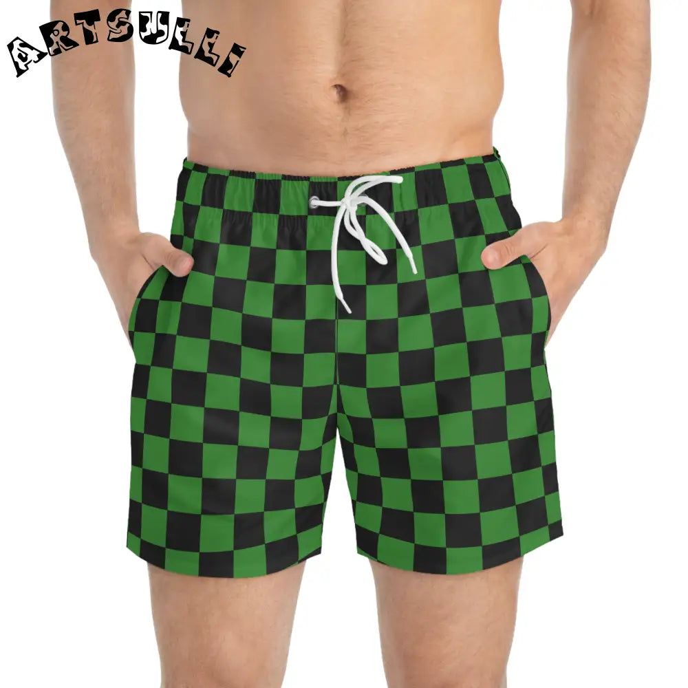 JAKKOUTTHEBXX Checkerboard Green and Black Swim Trunks (AOP)