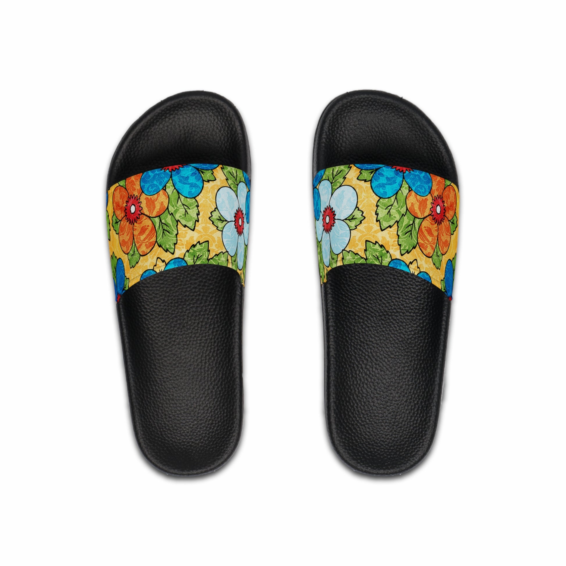 Groovy Yellow Floral Kl Men's Slide Sandals, Artsulli - Art is Long, Life is Short, Shoes, Color, Black sole, Size, US 6, , , 32872235093687948680