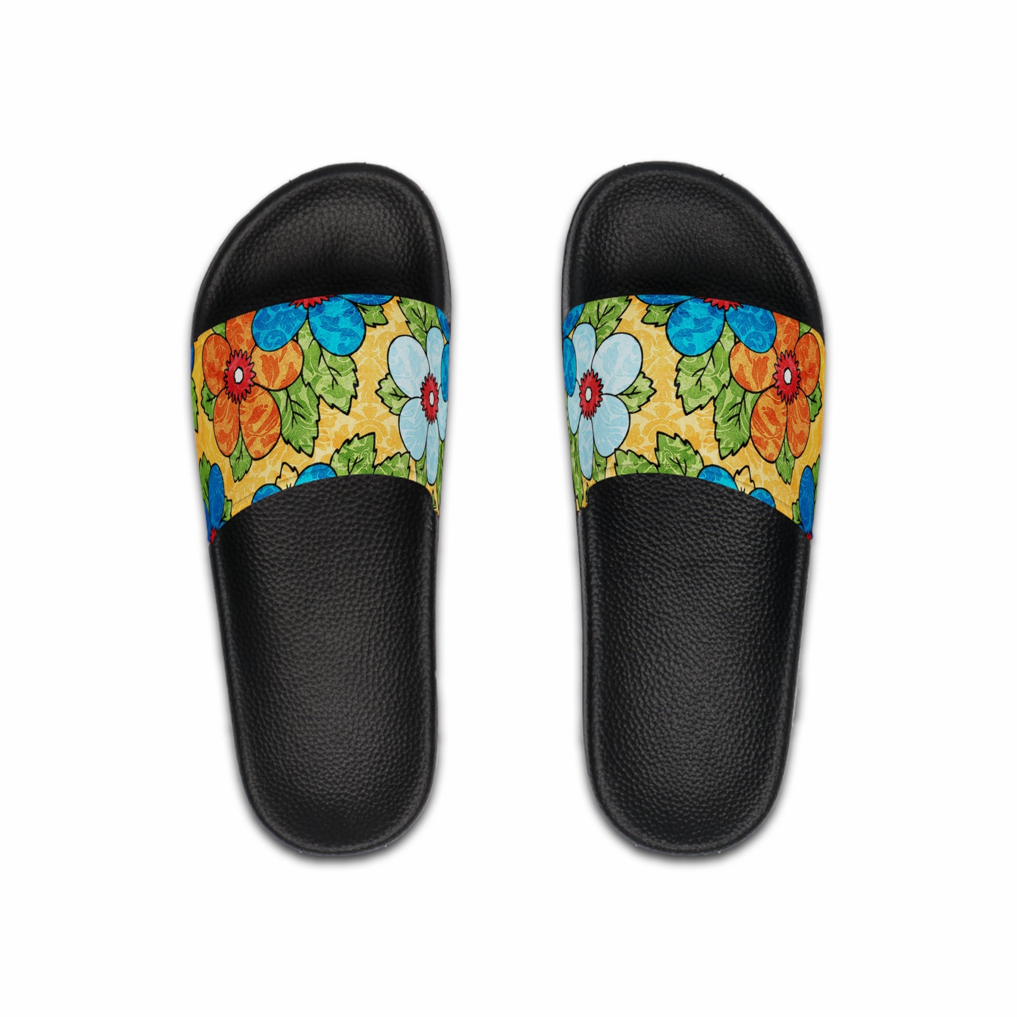 Groovy Yellow Floral Kl Men's Slide Sandals, Artsulli - Art is Long, Life is Short, Shoes, Color, Black sole, Size, US 6, , , 32872235093687948680