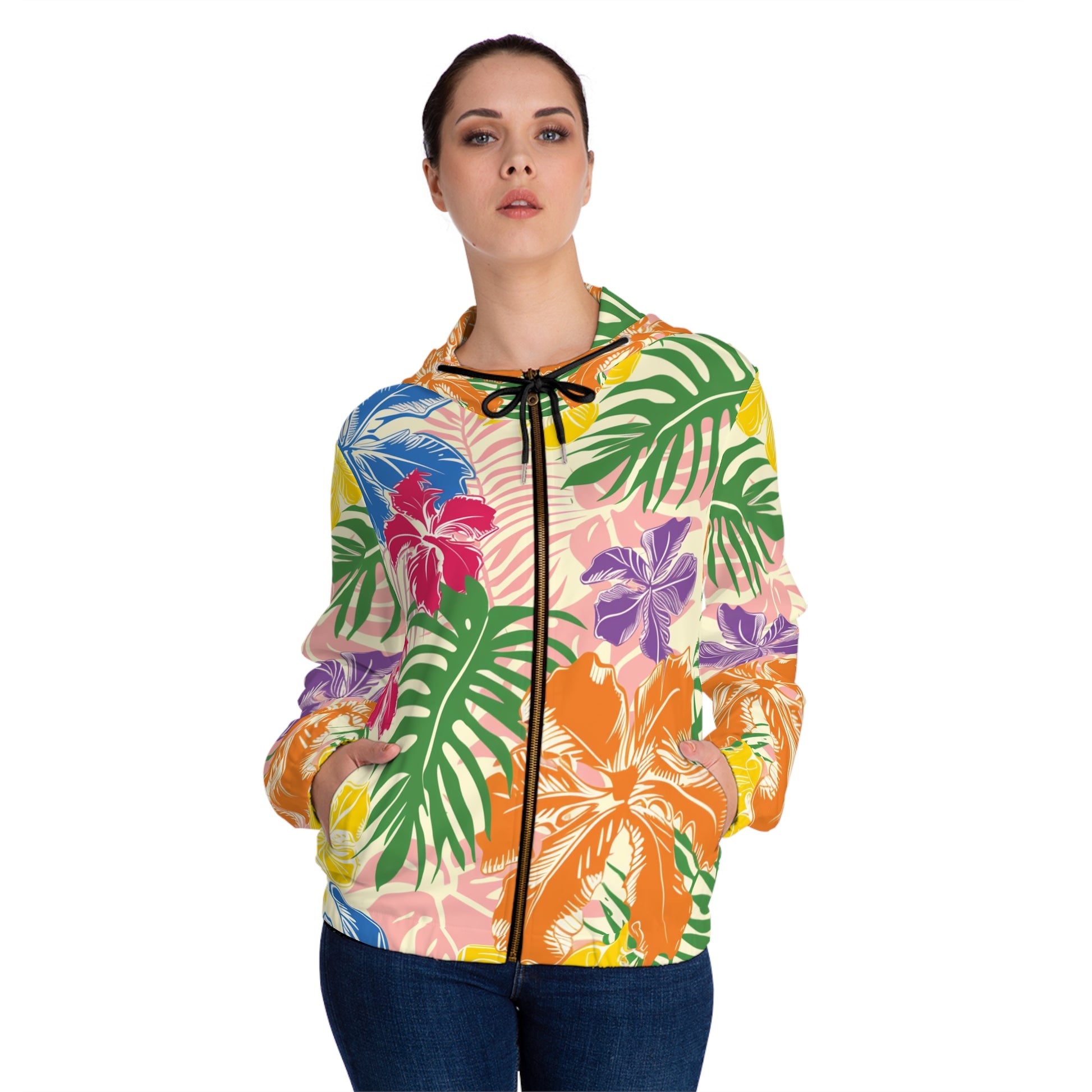 Blooming Tropical Flowers Women’s Full-Zip Hoodie (AOP), Artsulli - Art is Long, Life is Short, All Over Prints, , , , , , , 